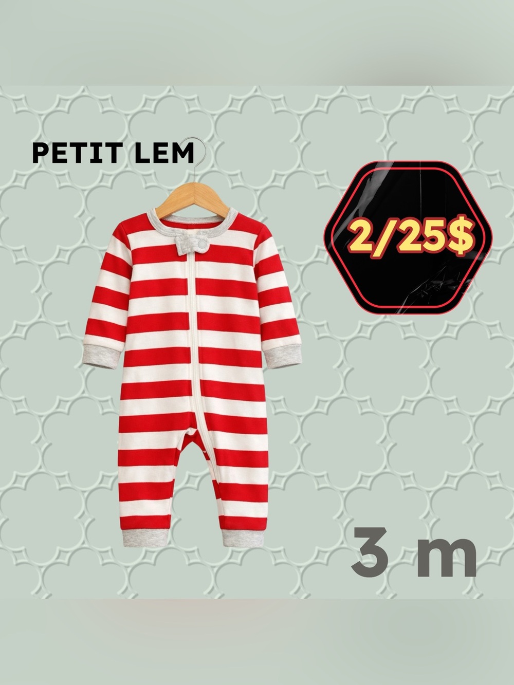 🌙 2/25$ 🇨🇦👌GUC PETIT LEM |3m |Unisex White & Red Stripes Baby Pyjamas